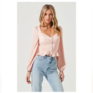 ASTR Blush Pink Satin Hook & Eye Bustier Puff Sleeve Peplum Blouse, Size XS